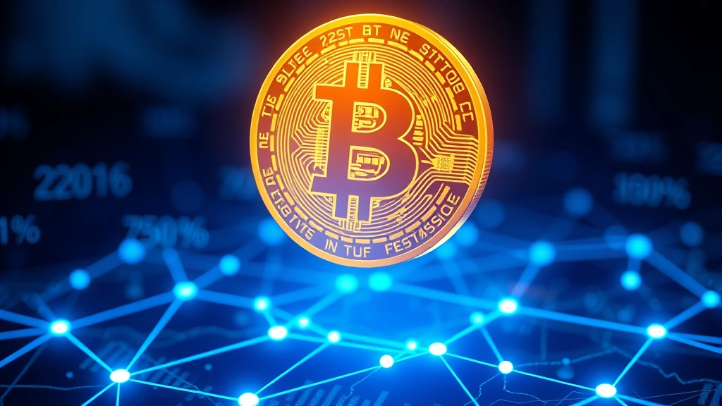 Close-up of a digital Bitcoin hologram floating above a glowing blockchain network, with percentages and market data flowing around it in blue light, photorealistic style, high-tech aesthetic