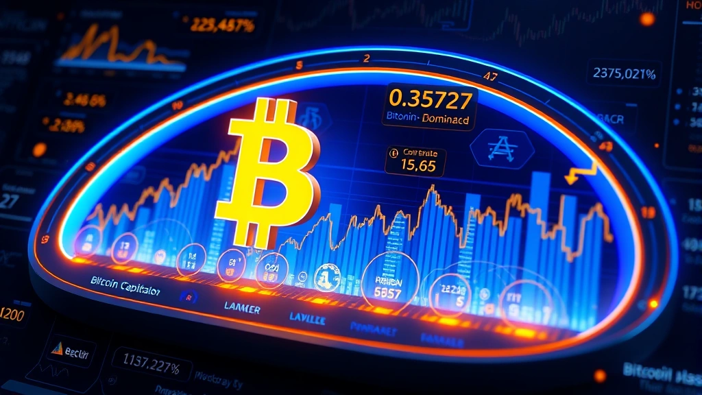 Photorealistic 3D visualization of Bitcoin dominance percentage gauge with glowing digital elements, showing market capitalization metrics and trend indicators in professional blue and gold color scheme against dark background