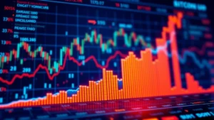 Photorealistic visualization of cryptocurrency market dominance showing Bitcoin's market share percentage displayed on a digital trading dashboard with glowing blue and orange data streams, blockchain network nodes visible in background, no text overlays, professional financial visualization style