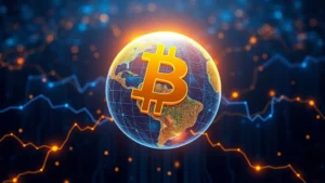Photorealistic image of a glowing Bitcoin symbol hovering above a digital globe with flowing cryptocurrency data streams in blue and gold colors, representing Bitcoin's market dominance and global financial network influence