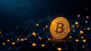 Photorealistic digital visualization of a glowing Bitcoin symbol representing market dominance, with flowing lines of light connecting it to smaller cryptocurrency tokens in the background, dark blue and gold color scheme, abstract blockchain network aesthetic