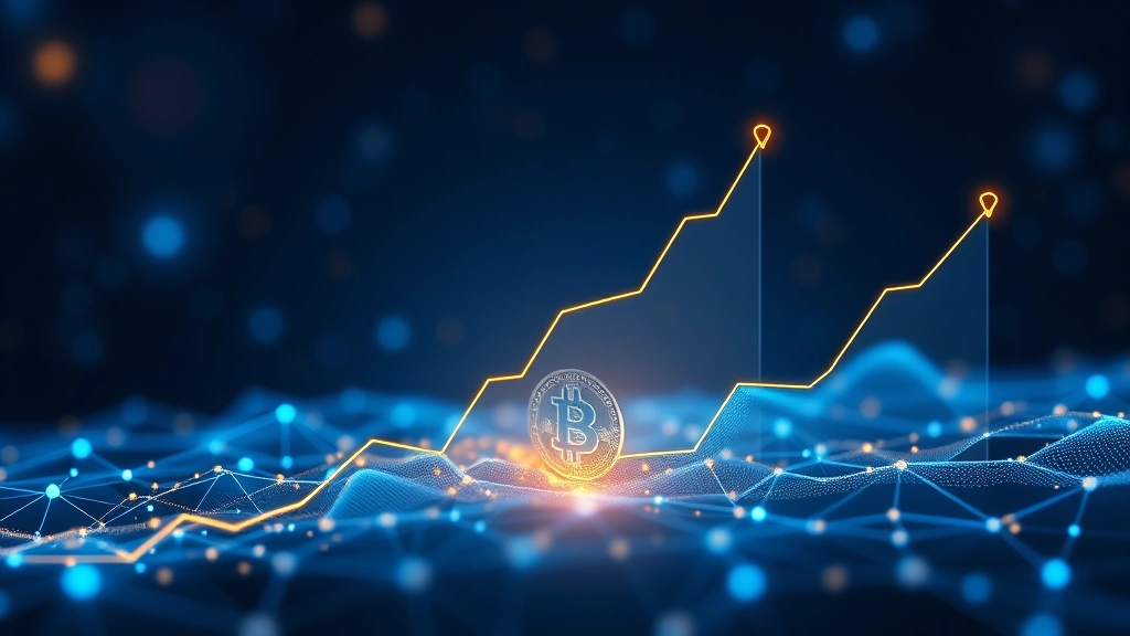 Digital visualization of Bitcoin dominance percentage chart showing upward trend lines with blockchain network nodes in background, holographic blue and gold colors, cryptocurrency market data visualization, no text or numbers visible