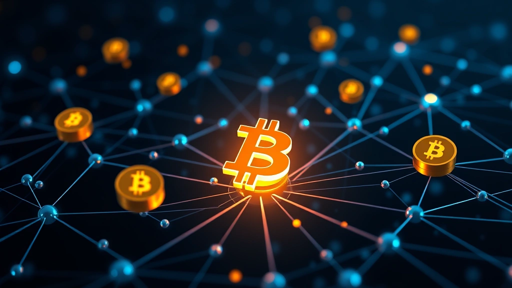Blockchain network nodes interconnected with Bitcoin symbol glowing, multiple cryptocurrency tokens floating around, representing market diversification and distributed ledger technology