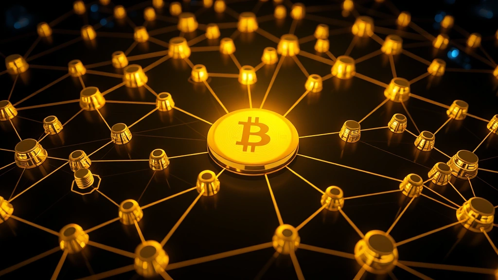 Photorealistic 3D visualization of interconnected golden blockchain nodes with Bitcoin symbol glowing centrally, cryptocurrency network infrastructure, no text or labels, dark background with blue light trails connecting nodes