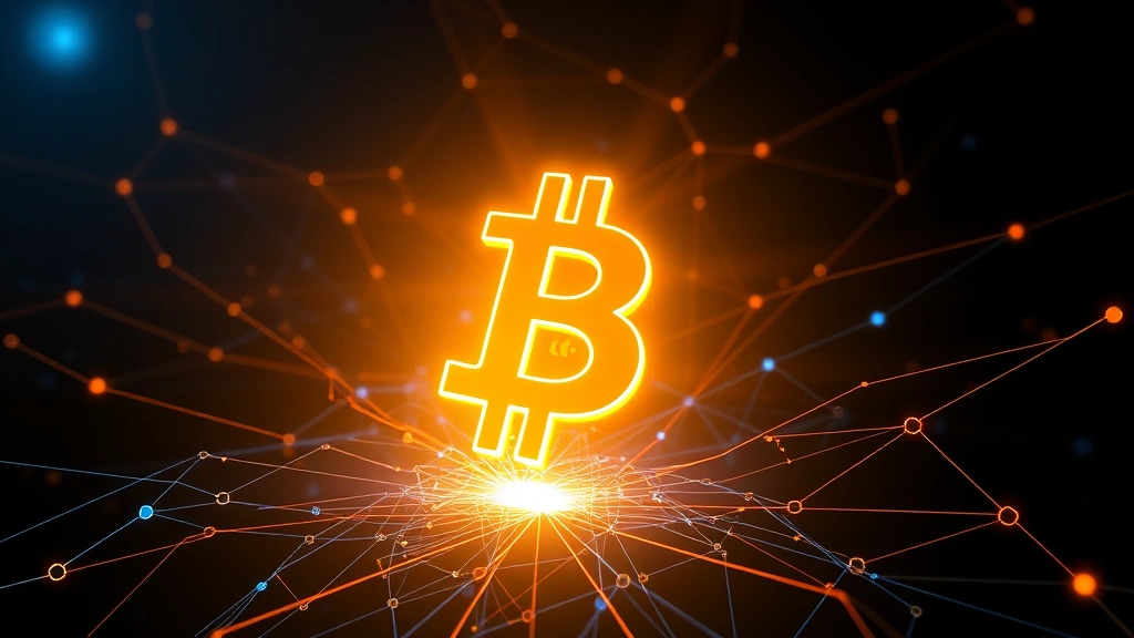 Photorealistic image of a glowing Bitcoin symbol emerging from a digital network with connected blockchain nodes, representing market dominance and cryptocurrency leadership, dark background with blue and orange lighting