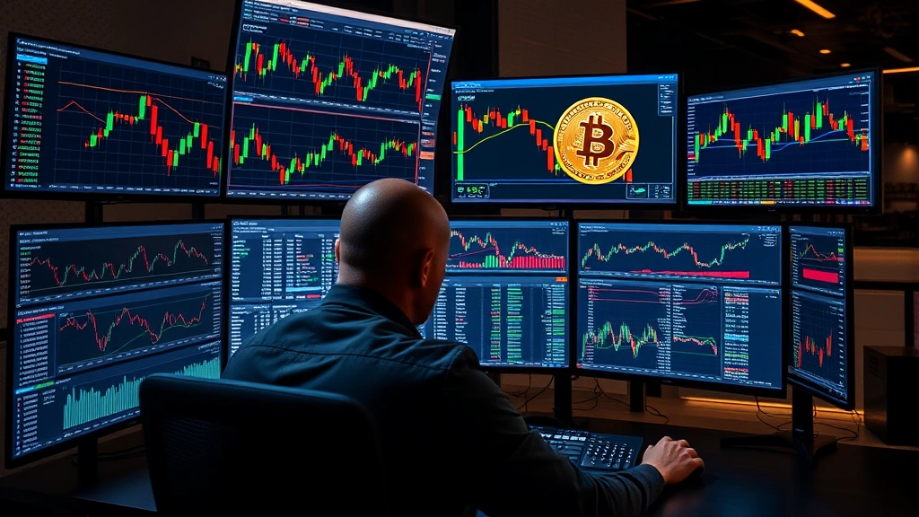 Cryptocurrency trader analyzing multiple monitors displaying real-time Bitcoin price charts and market data, professional trading desk environment with modern technology, representing market analysis and investment decision-making