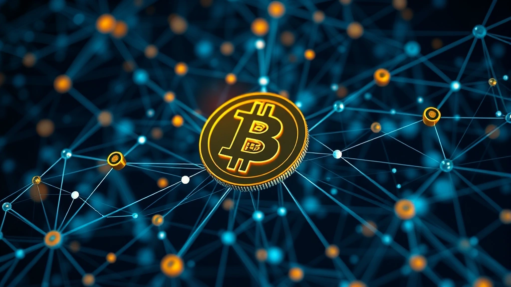 Abstract blockchain network visualization with Bitcoin node highlighted prominently larger than surrounding altcoin nodes, interconnected network showing market hierarchy and dominance structure