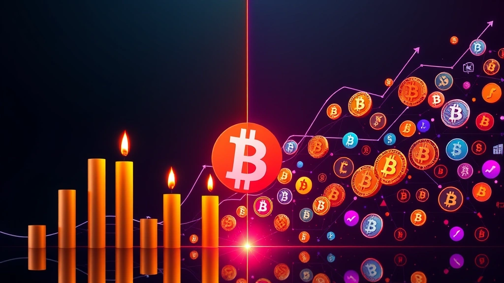 Split-screen visualization showing Bitcoin candles growing taller on left side while colorful altcoin tokens shrink on right side, connected by flowing arrows representing capital movement, modern digital art style