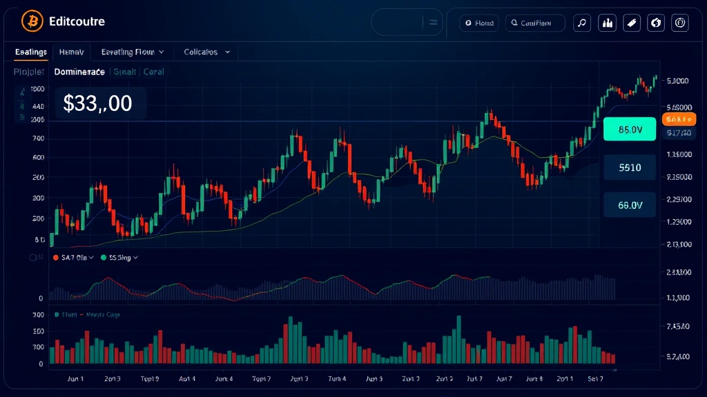 Professional cryptocurrency market analysis dashboard displaying Bitcoin dominance historical chart with candlesticks, moving averages, and institutional capital flow indicators rendered in modern fintech style