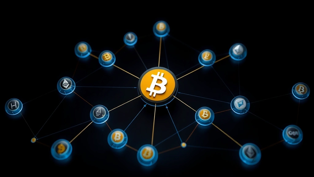 Blockchain ecosystem network diagram showing Bitcoin as central node with larger size, connected to Ethereum and multiple altcoin network nodes of varying sizes, representing market dominance relationships, photorealistic 3D rendering, dark background with glowing connections, no labels or text