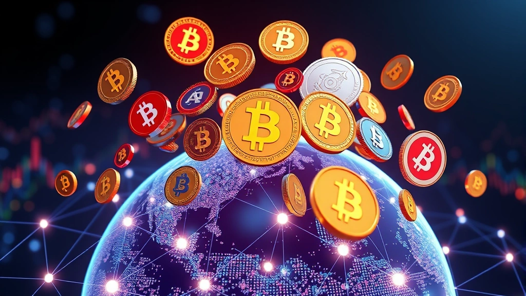 Photorealistic image of diverse digital coins floating above a glowing network globe representing Bitcoin and altcoins competing for market share, 3D rendered cryptocurrency ecosystem, vibrant colors, professional financial visualization style
