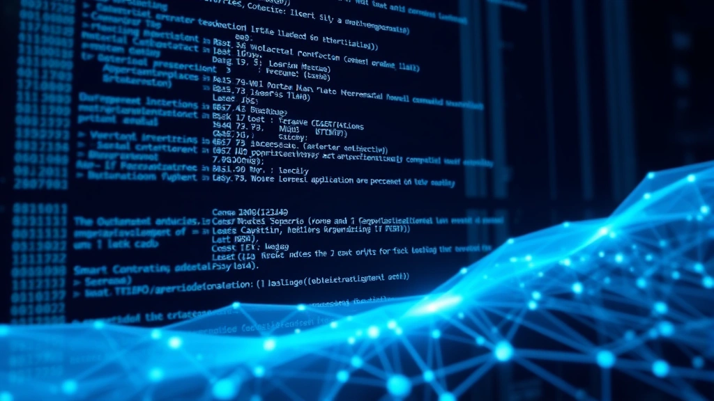 Ethereum smart contract code visualized as digital architecture with ethereal blue light, showing interconnected smart contracts and decentralized applications ecosystem