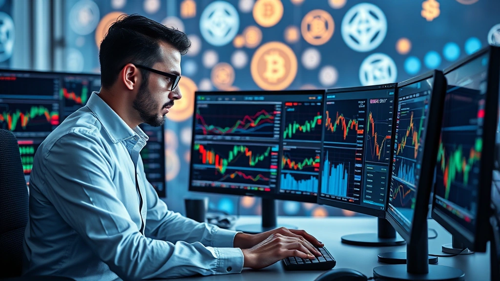 Photorealistic image of a professional trader analyzing multiple cryptocurrency charts and market data on a high-tech trading desk with sophisticated computer monitors, abstract crypto symbols in background, no readable text or numbers visible
