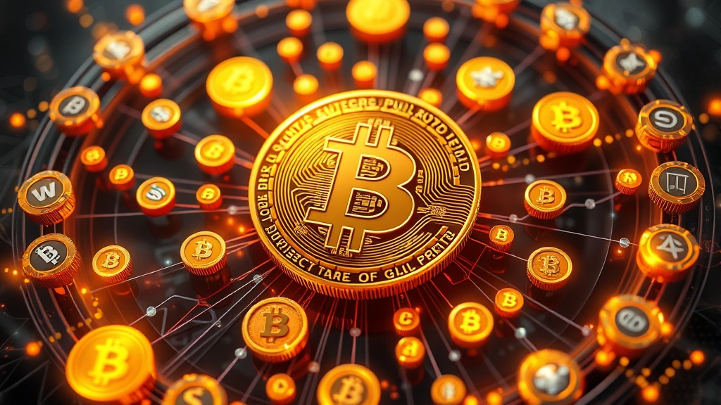 Abstract representation of cryptocurrency market ecosystem with Bitcoin as largest element surrounded by smaller altcoin representations, showing hierarchical market structure and dominance relationships, digital art style with glowing elements