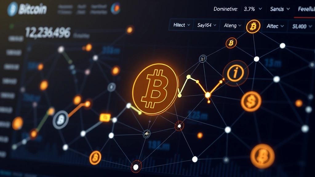 Cryptocurrency market dashboard with interconnected nodes representing Bitcoin and altcoins, dominance percentage displayed prominently, network connections pulsing with light, abstract blockchain visualization