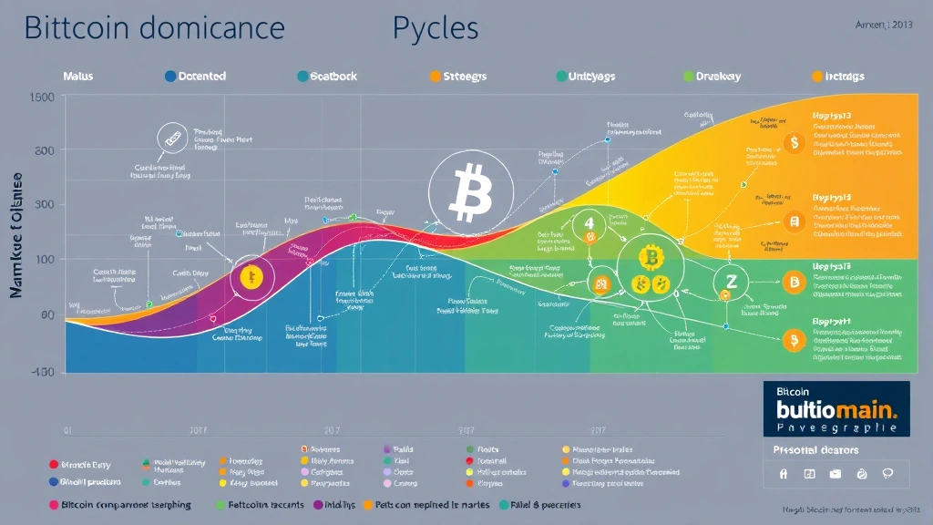 Detailed infographic showing Bitcoin dominance cycles through multiple market phases, with color-coded zones for risk levels and allocation strategies, featuring blockchain network nodes and interconnected market sentiment visualizations