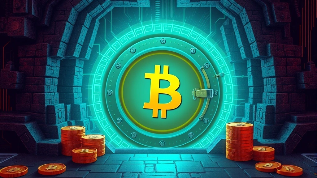 Photorealistic illustration of a digital vault or fortress with Bitcoin symbol prominently displayed, representing secure digital asset storage and value preservation, cryptocurrency security concept, no text elements