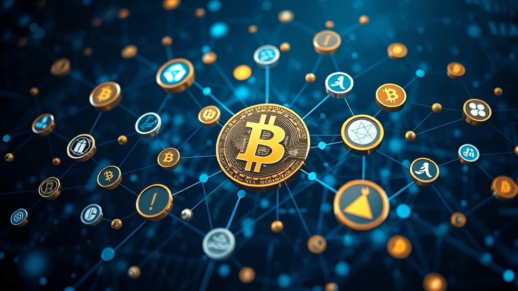Photorealistic image of interconnected cryptocurrency tokens and digital assets floating in cyberspace with Bitcoin at the center, representing market structure and capital allocation across the crypto ecosystem