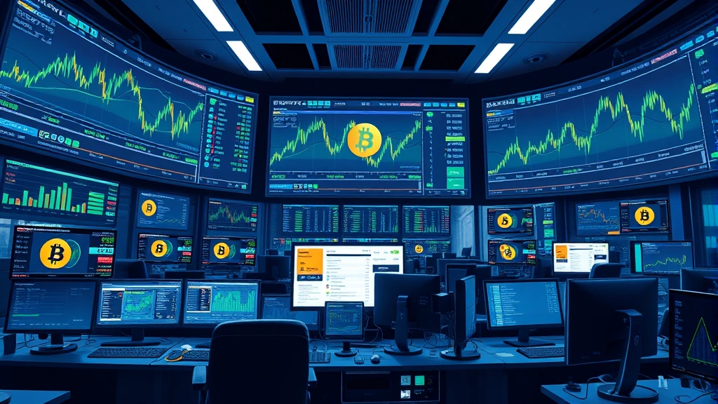 Photorealistic image of a modern cryptocurrency trading floor with multiple monitors displaying Bitcoin price charts and blockchain data visualizations, professional traders analyzing market trends, sleek technology workspace with blue and green color scheme, no text or numbers visible