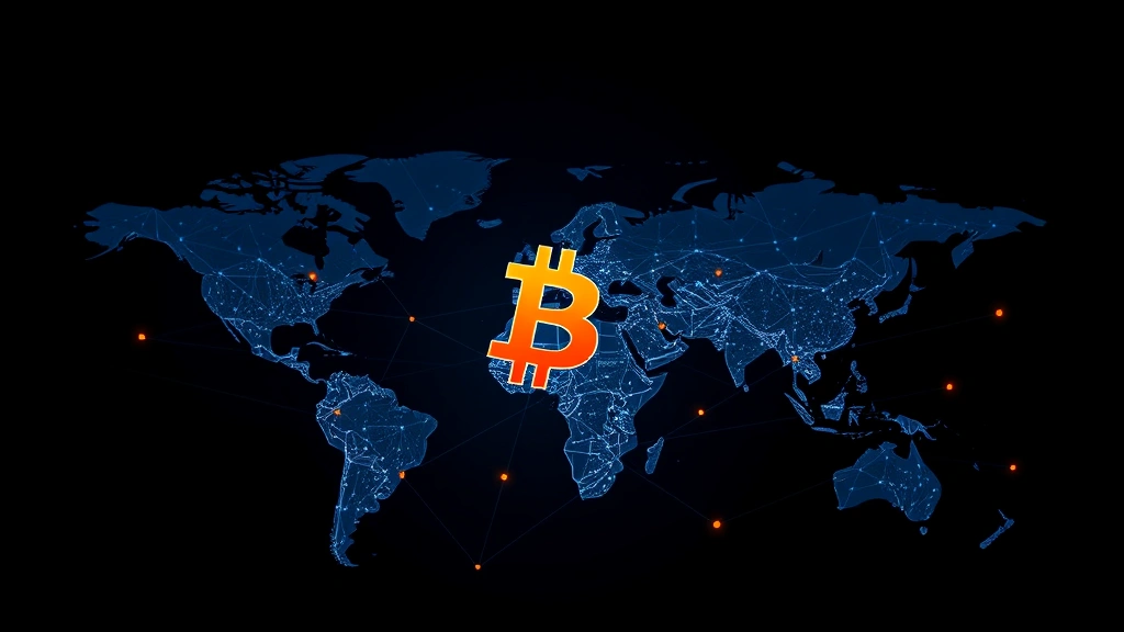 A sleek, modern visualization of the Bitcoin network showing interconnected nodes and digital transactions flowing across a dark background with blue and orange cryptocurrency color scheme, representing decentralized technology and global financial connectivity