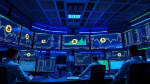 Photorealistic image of a modern cryptocurrency trading floor with multiple monitors displaying Bitcoin blockchain data, professional traders analyzing charts, blue and green lighting, sophisticated financial technology environment