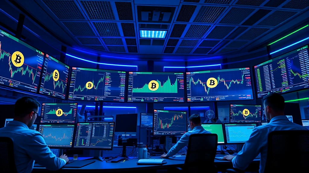 Photorealistic image of a modern cryptocurrency trading floor with multiple monitors displaying Bitcoin blockchain data, professional traders analyzing charts, blue and green lighting, sophisticated financial technology environment