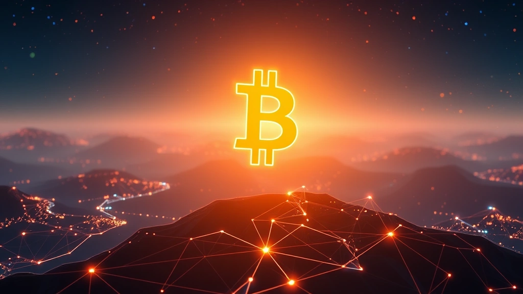 Photorealistic image of glowing Bitcoin symbol floating above a digital landscape with blockchain nodes and network connections, representing Bitcoin's network value and adoption