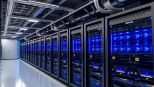 Bitcoin mining operation with advanced computer hardware and cooling systems in industrial facility, showing rows of ASIC miners with blue LED lights and network cables, photorealistic