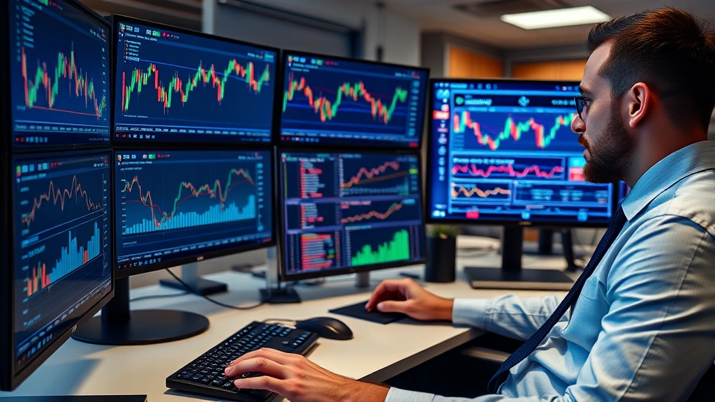 Cryptocurrency analyst reviewing Bitcoin charts and market data on multiple monitors in a professional office environment, showing data visualization and blockchain network connections