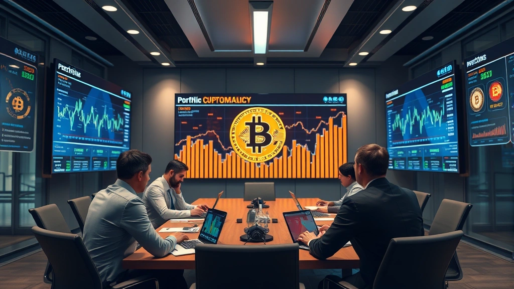 Photorealistic photograph of institutional investors in a boardroom reviewing cryptocurrency portfolio allocations, professional setting with Bitcoin and blockchain technology visualization on large display screens, corporate environment with modern architecture, no charts or ticker information