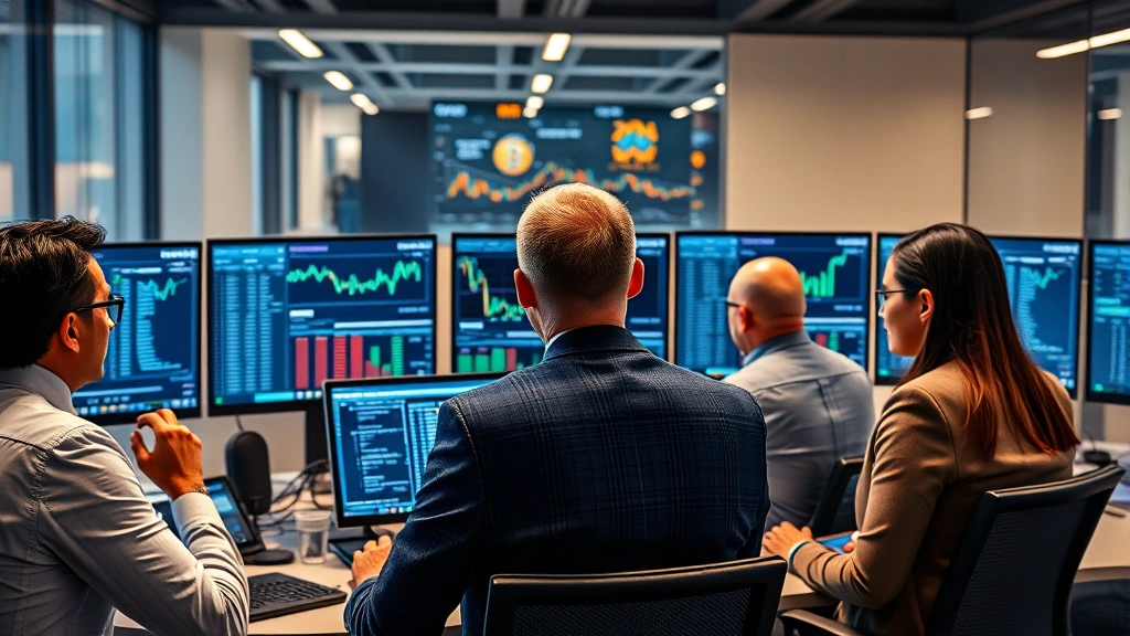 A professional photograph of a diverse group of business professionals in a modern financial office looking at multiple computer screens displaying cryptocurrency data, symbolizing institutional adoption and mainstream Bitcoin acceptance in traditional finance