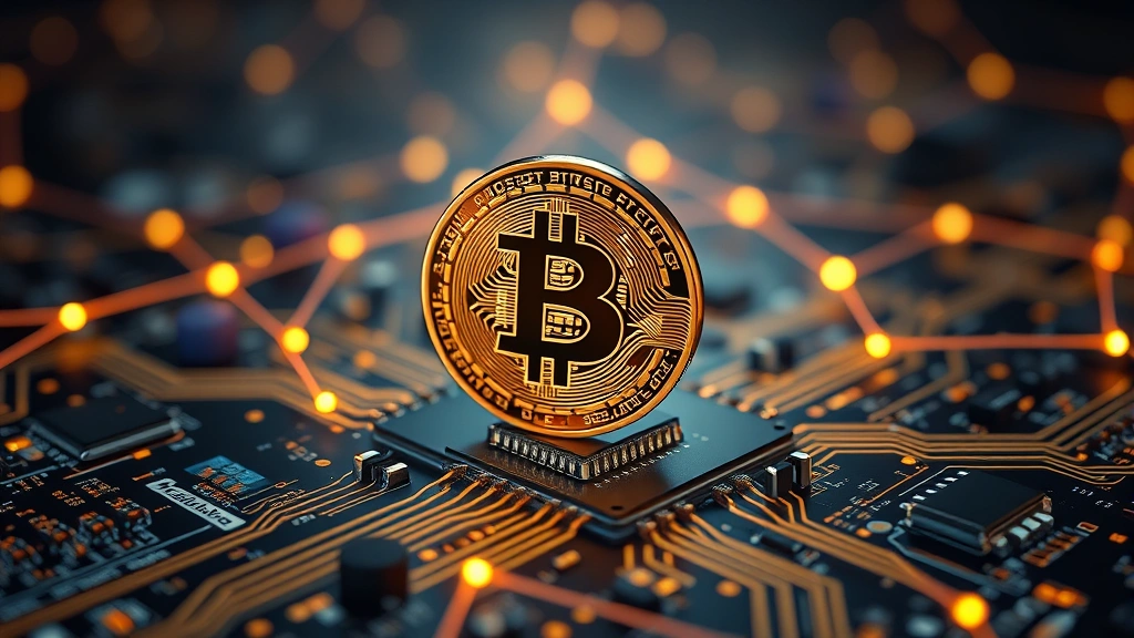 Photorealistic photograph of Bitcoin physical representation sitting on a digital circuit board with glowing network connections, symbolizing the intersection of digital currency and blockchain technology, professional lighting