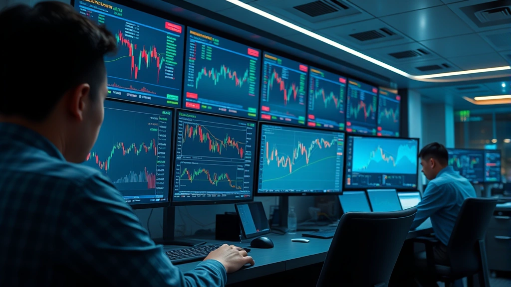 Realistic depiction of a modern cryptocurrency trading desk with multiple monitors displaying market data, traders analyzing charts, institutional setting with professional atmosphere