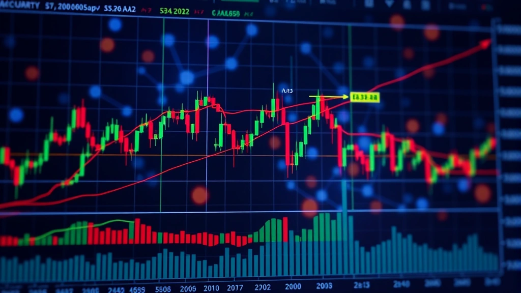 Cryptocurrency market analysis visualization showing multiple technical indicators, trend lines, and candlestick patterns on digital trading platform interface with blockchain network background