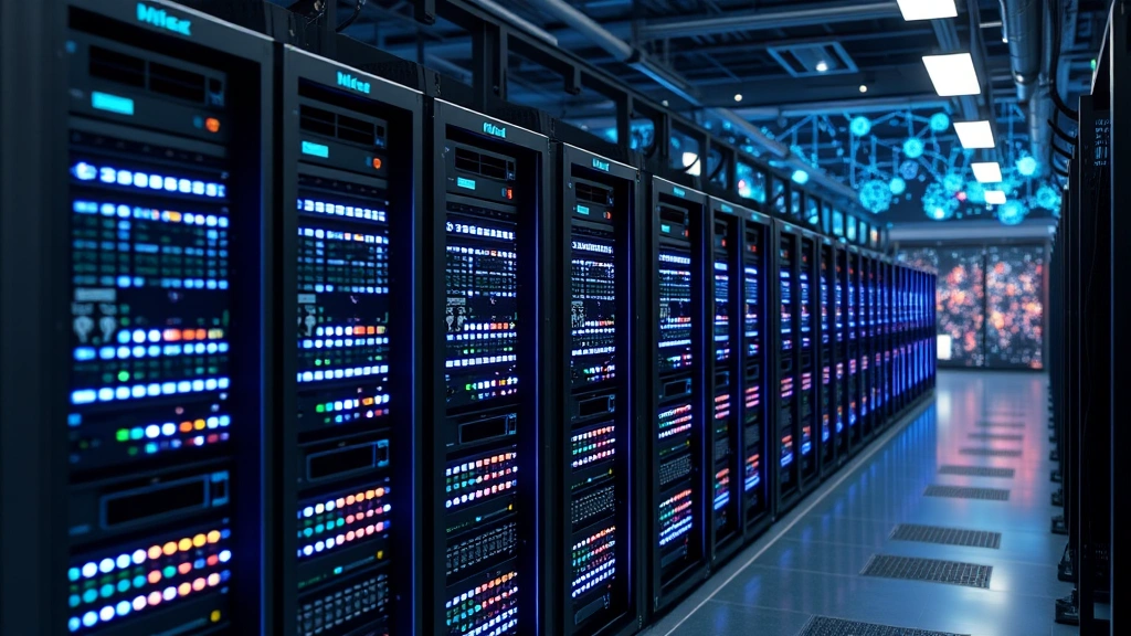 Photorealistic image of Bitcoin mining operation with rows of advanced ASIC mining hardware, glowing blue and white LED indicators, cryptocurrency network nodes visualization in background, professional industrial setting, no text or identifying information