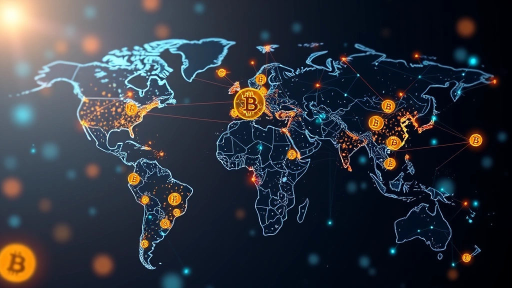 Photorealistic image of a global financial network visualization showing Bitcoin nodes distributed across continents with connecting light paths, representing worldwide cryptocurrency adoption and decentralized network infrastructure