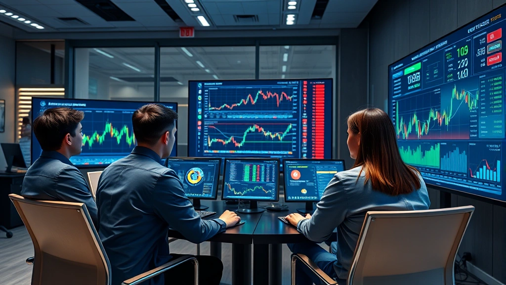 Institutional investors in modern office reviewing digital asset portfolio on large screens, showing diverse team managing cryptocurrency investments with professional trading setup, photorealistic