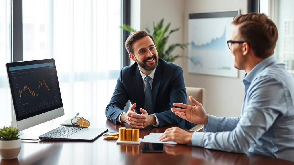 Financial advisor meeting with client discussing investment portfolio diversification including Bitcoin allocation, showing balanced investment strategy and risk management planning