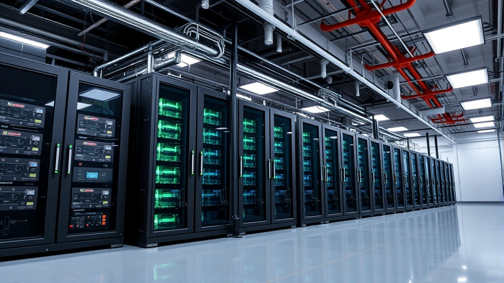 Modern data center facility with advanced liquid cooling systems for Bitcoin miners, precision temperature control, industrial ventilation systems, professional electrical panels and power distribution equipment