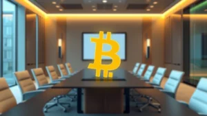 Digital illustration of Bitcoin symbol with corporate boardroom in background, showing institutional adoption and professional financial environment with modern office aesthetics