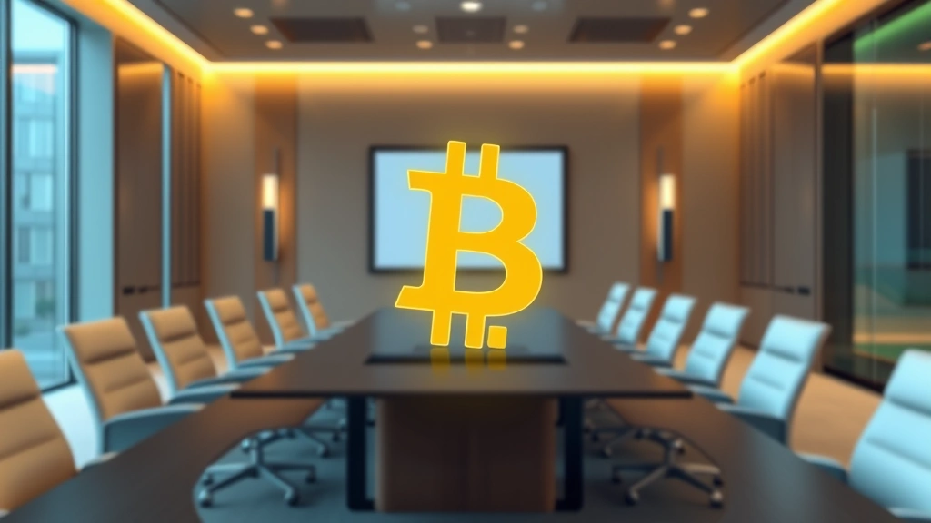 Digital illustration of Bitcoin symbol with corporate boardroom in background, showing institutional adoption and professional financial environment with modern office aesthetics