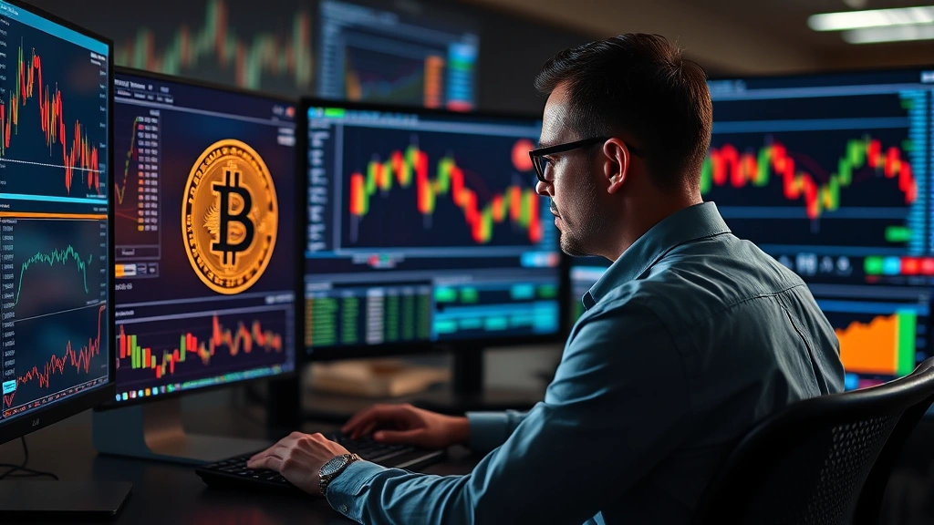 Photorealistic image of cryptocurrency trader analyzing blockchain data on multiple screens with Bitcoin network visualization, representing technical analysis and market monitoring
