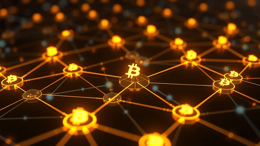 Photorealistic image of blockchain nodes interconnected with glowing Bitcoin symbols and digital pathways, representing distributed ledger technology and network connectivity without any text or chart elements