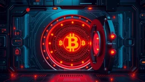 Secure digital vault with blockchain-inspired design, glowing cryptocurrency symbols, institutional security infrastructure, modern fintech aesthetic, no text