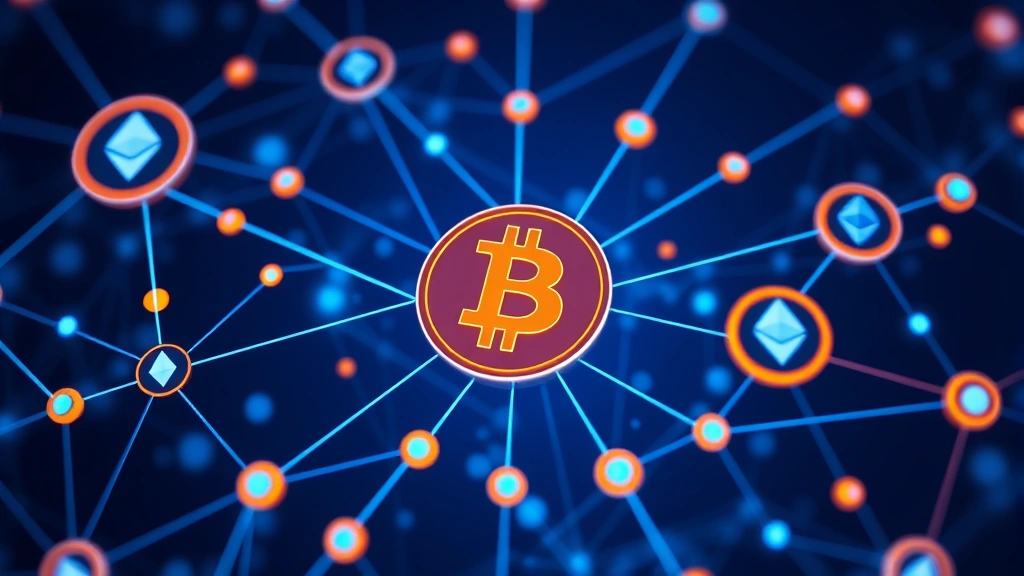 Interconnected blockchain nodes with Bitcoin symbol glowing in center, showing network connections to Ethereum and other chains, digital art style with blue and orange colors