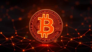 Photorealistic image of a Bitcoin core symbol glowing with amber and orange light against a dark blockchain network background, representing Ember Bitcoin technology and digital asset innovation