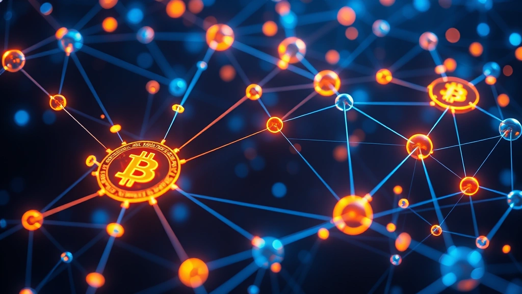 Photorealistic digital illustration of interconnected blockchain nodes glowing with amber and blue light, representing Bitcoin network architecture and layer-two solutions, no text