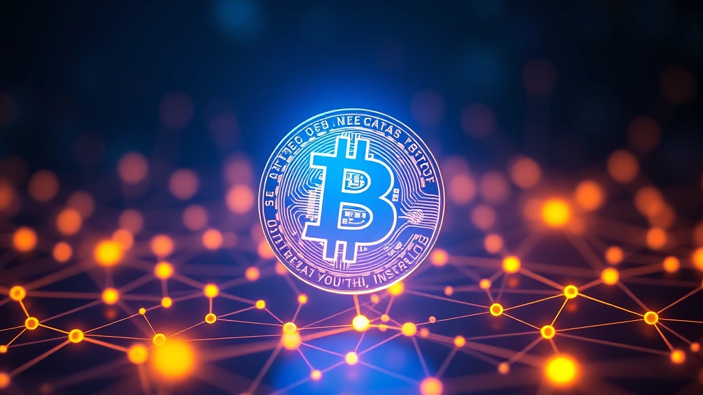 Digital Bitcoin token glowing with blue and orange light, abstract blockchain network background with interconnected nodes, photorealistic 3D rendering, no text