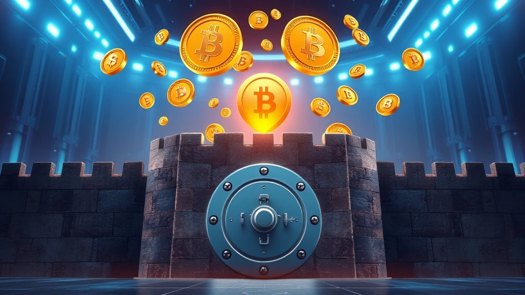 Realistic visualization of digital coins and tokens floating above a secure vault or fortress, symbolizing cryptocurrency security and asset protection in a modern tech environment