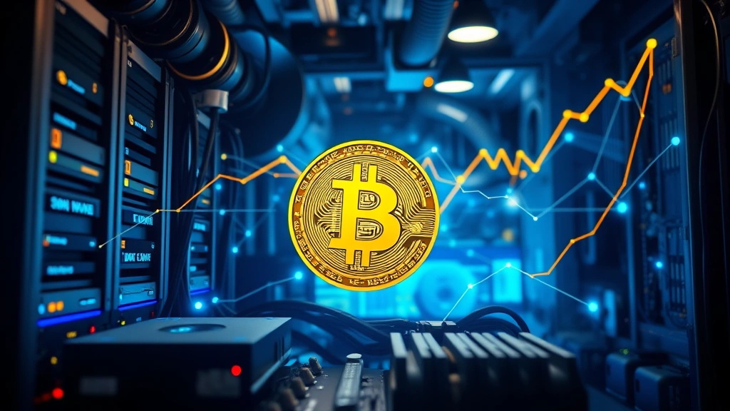 Bitcoin mining operation with advanced computer hardware, blockchain network visualization in background, professional cryptocurrency infrastructure, no text